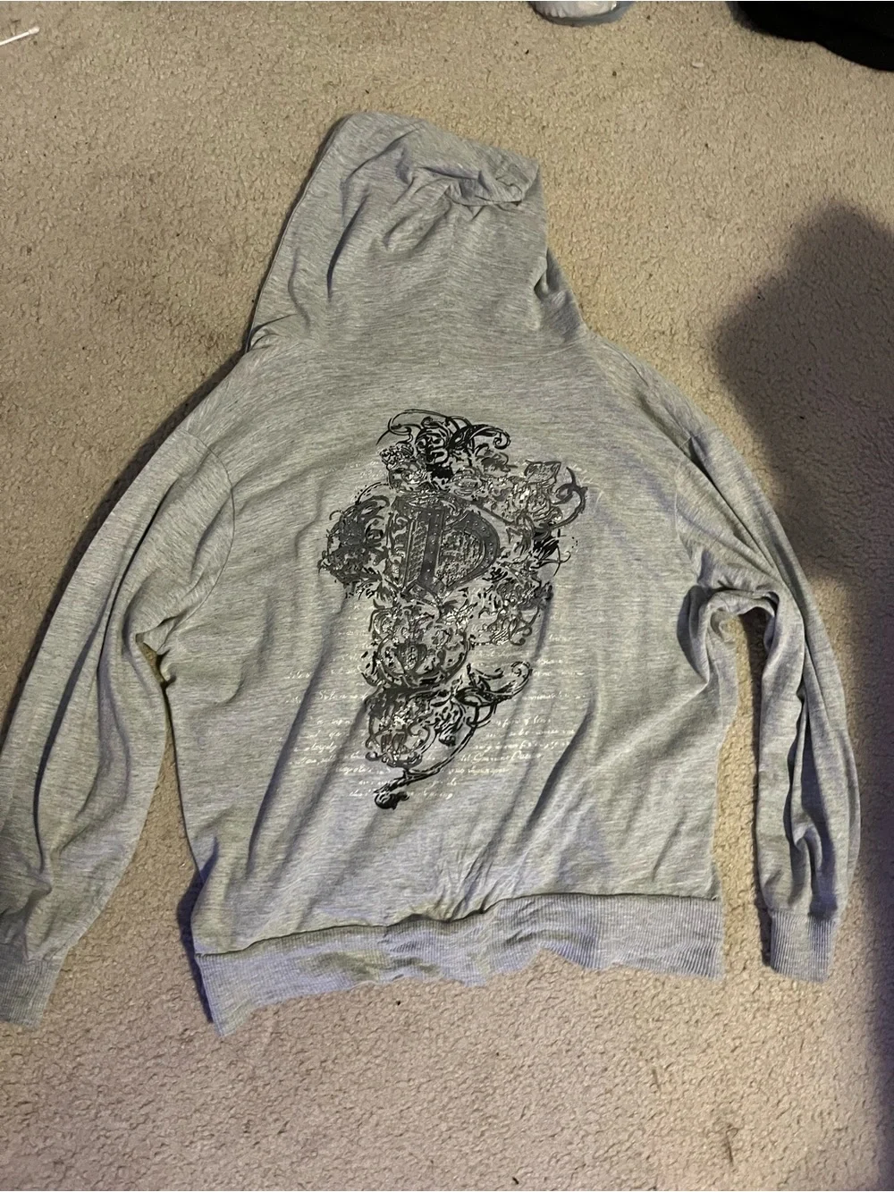 Light Gray Men's Up Hooded Sweater with Ornate Back Graphic